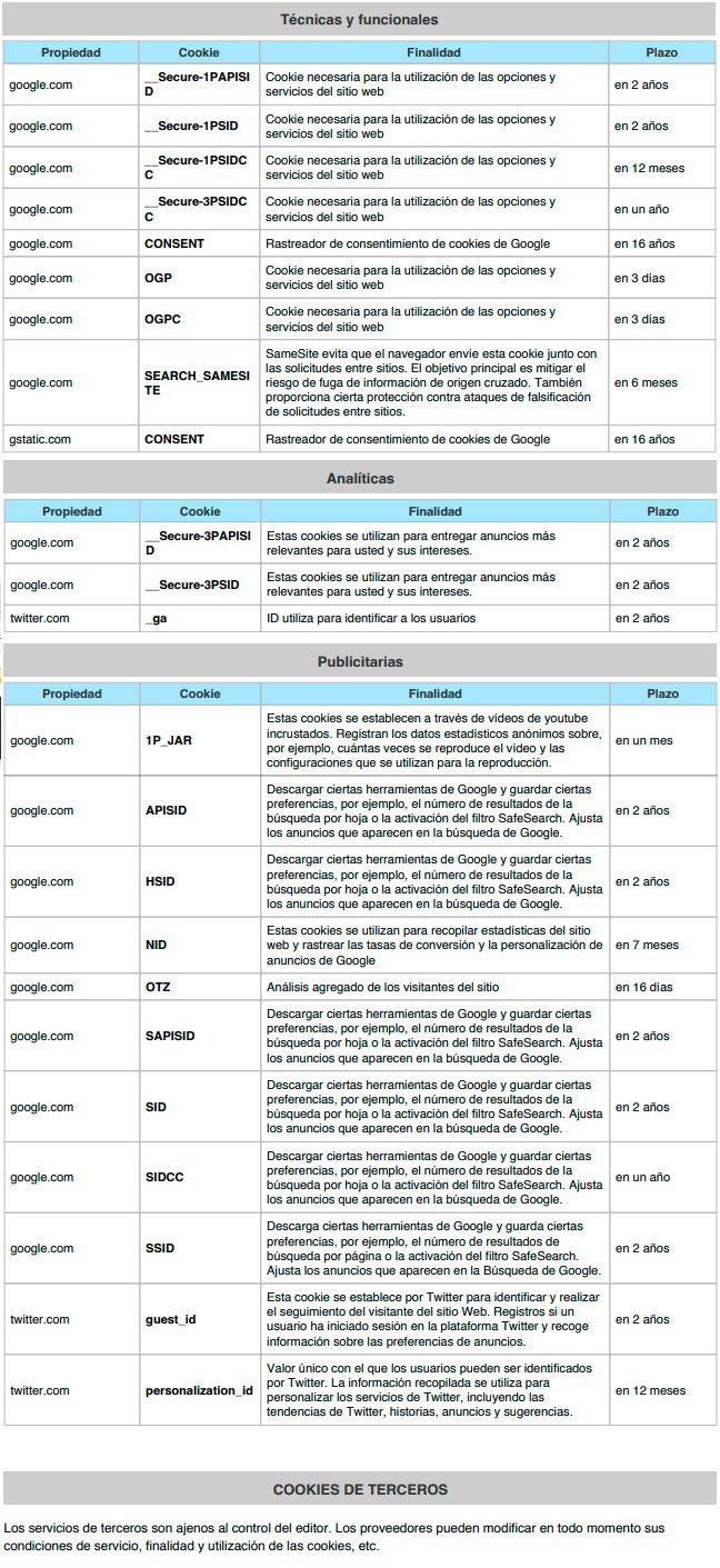 cookies>
</center>
                                       
        <br><strong>Proveedores externos de este sitio web:</strong>

<br>Google Analytics <a href=